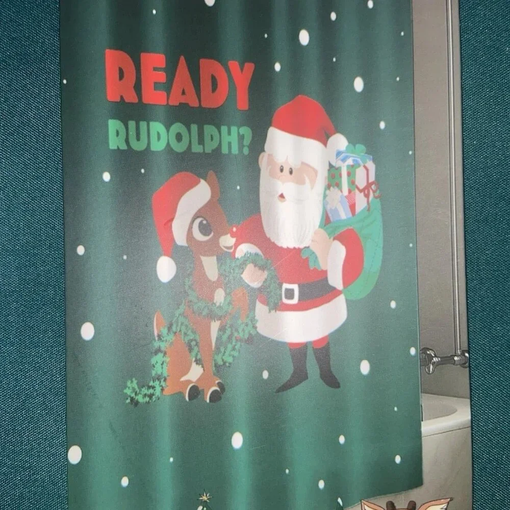 Rudolph The Red Nosed Reindeer Christmas Fabric Shower Curtain 70”x72” Santa NEW
